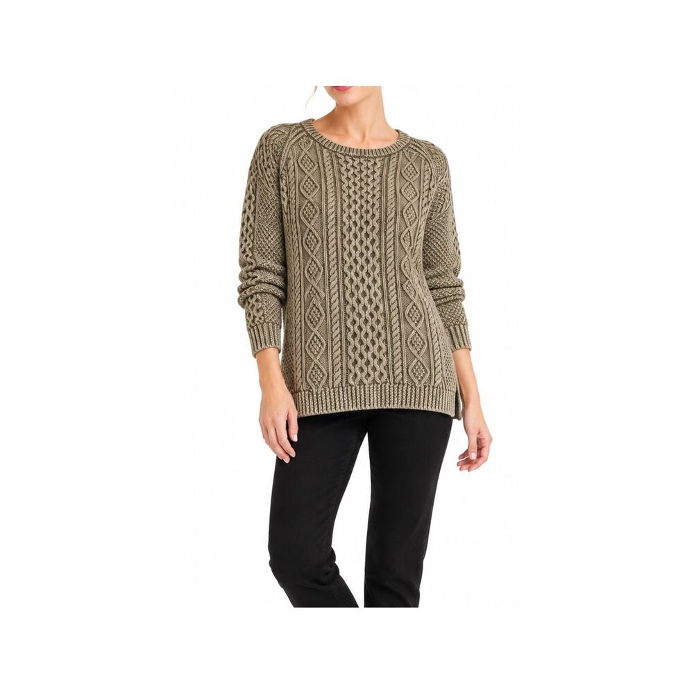 LL Bean Signature Sweater Womens Size L Green Cable Knit Fisherman 100% Cotton